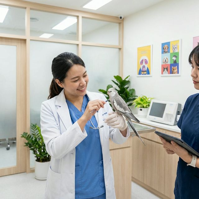 Vet examining a parrot