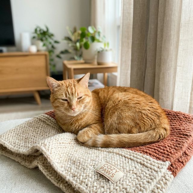 Orange tabby cat relaxing on a cozy blanket