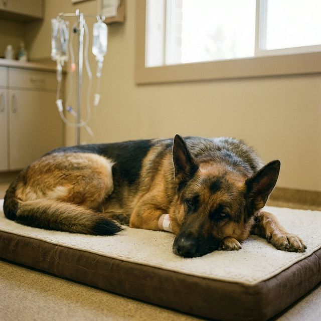 German Shepherd recovering from bloat surgery