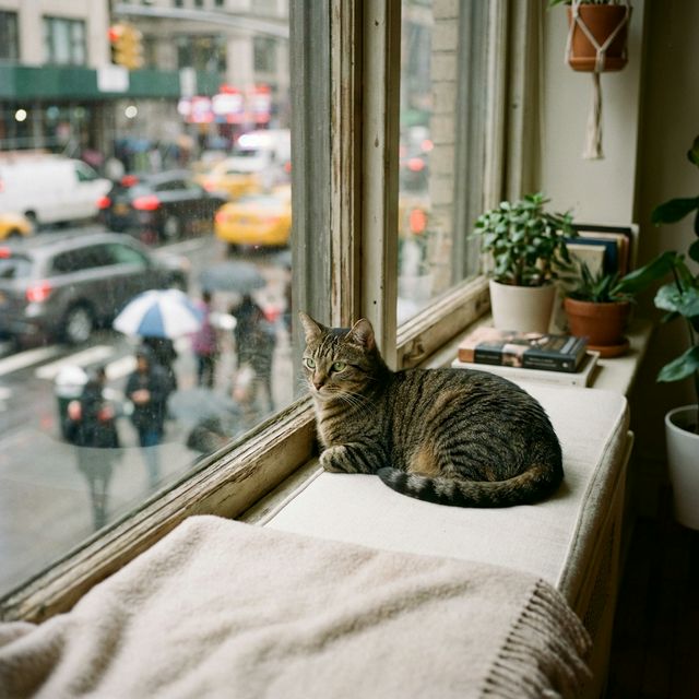 Indoor cat looking out window