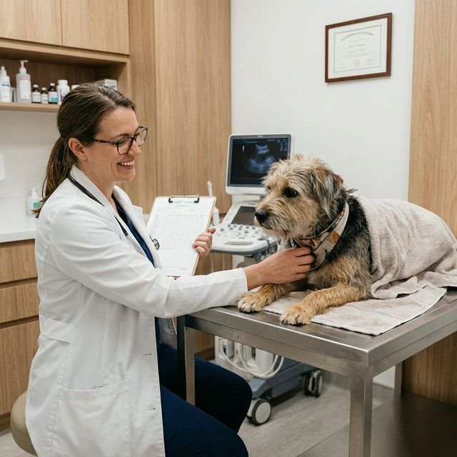 Dog at veterinary clinic getting examination