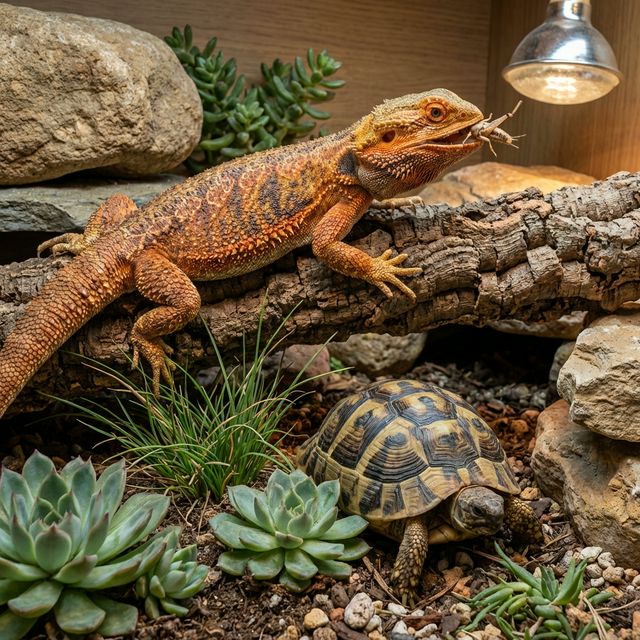 Bearded dragon basking on a rock